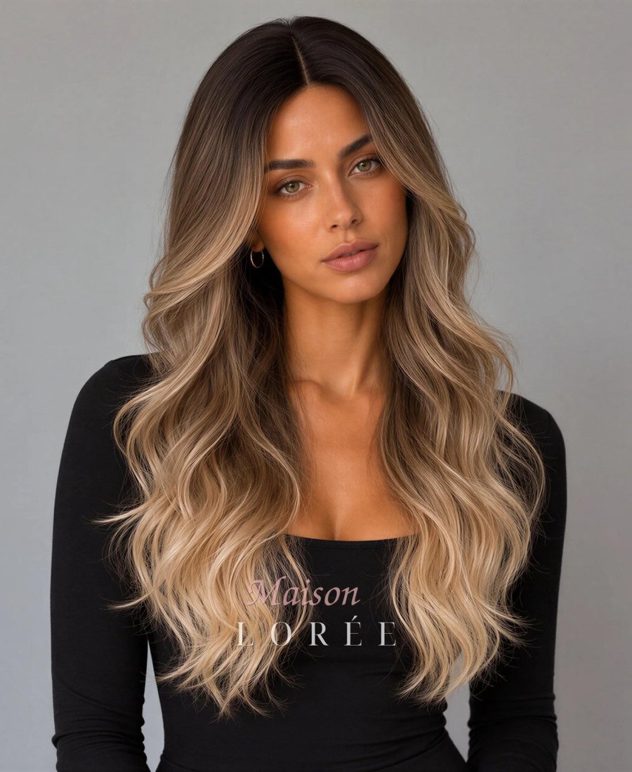 Perruque lace front ondulée, brun à balayage blond