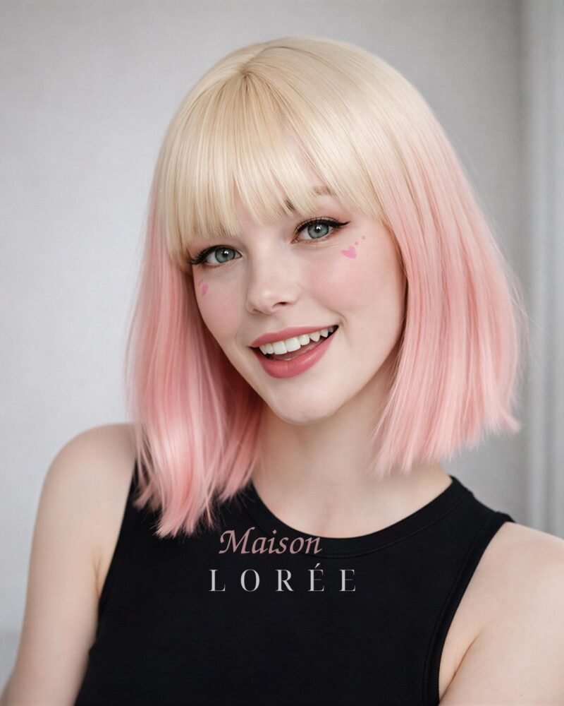 Perruque blonde Bob avec pointes roses et frange