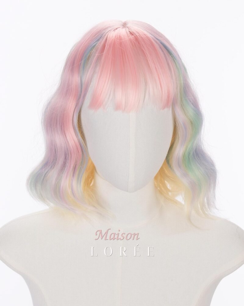 Perruque carrée licorne arc-en-ciel avec frange