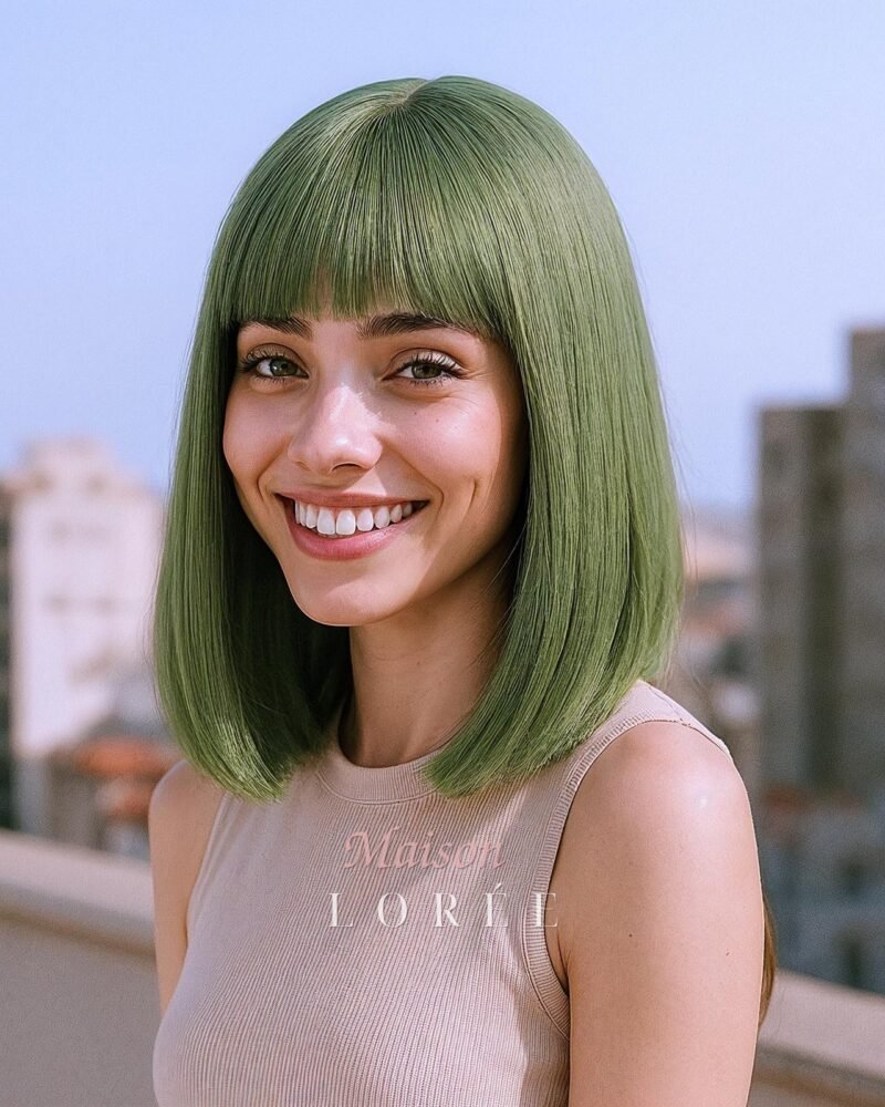 Perruque carrée vert matcha de 25 cm (10 po.) avec frange