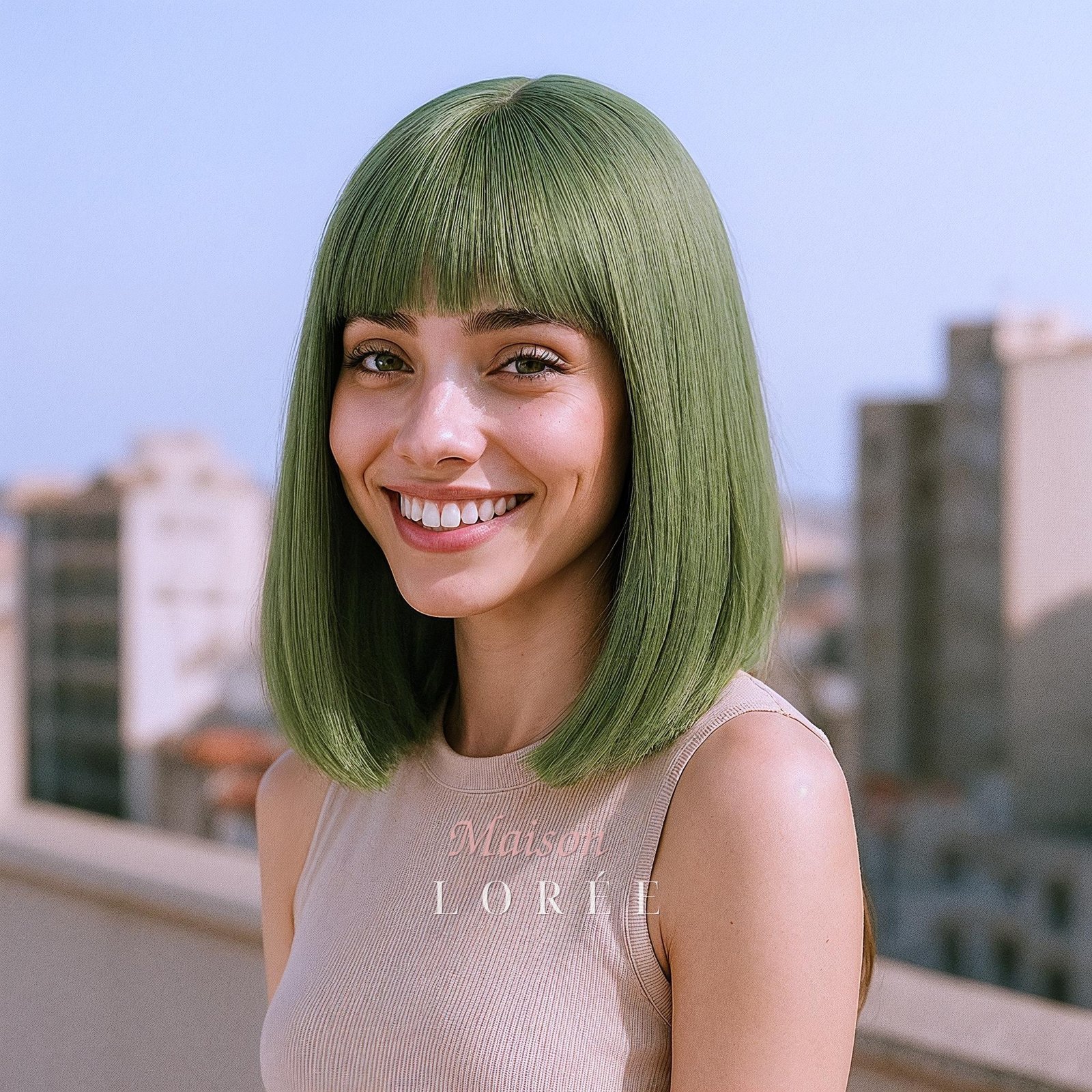 Perruque carrée vert matcha de 25 cm (10 po.) avec frange