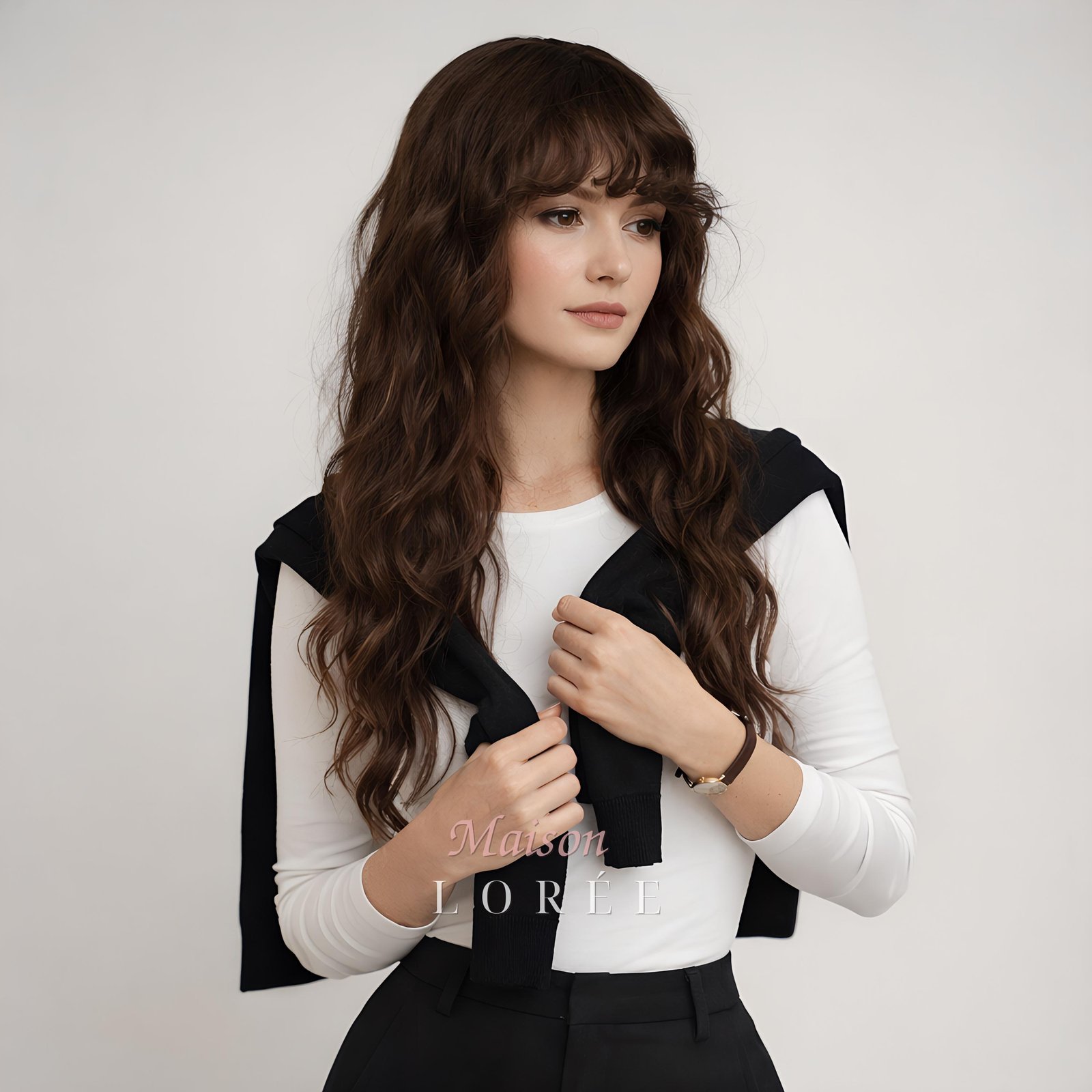 Perruque ondulée marron foncé 61 cm avec frange – Cheveux synthétiques longs