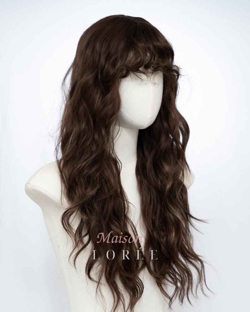 Perruque ondulée marron foncé 61 cm avec frange – Cheveux synthétiques longs