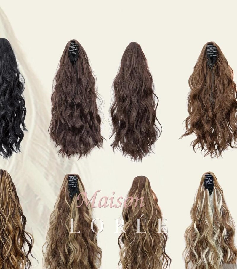 Queue de cheval à pinces ondulées de 34 cm (40 cm) – Mélange de nuances de balayage blond brun noir