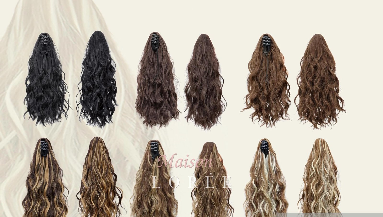 Queue de cheval à pinces ondulées de 34 cm (40 cm) – Mélange de nuances de balayage blond brun noir
