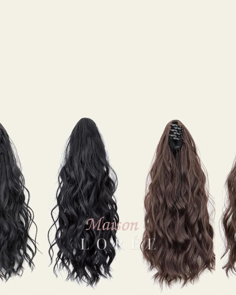 Queue de cheval à pinces ondulées de 34 cm (40 cm) – Mélange de nuances de balayage blond brun noir