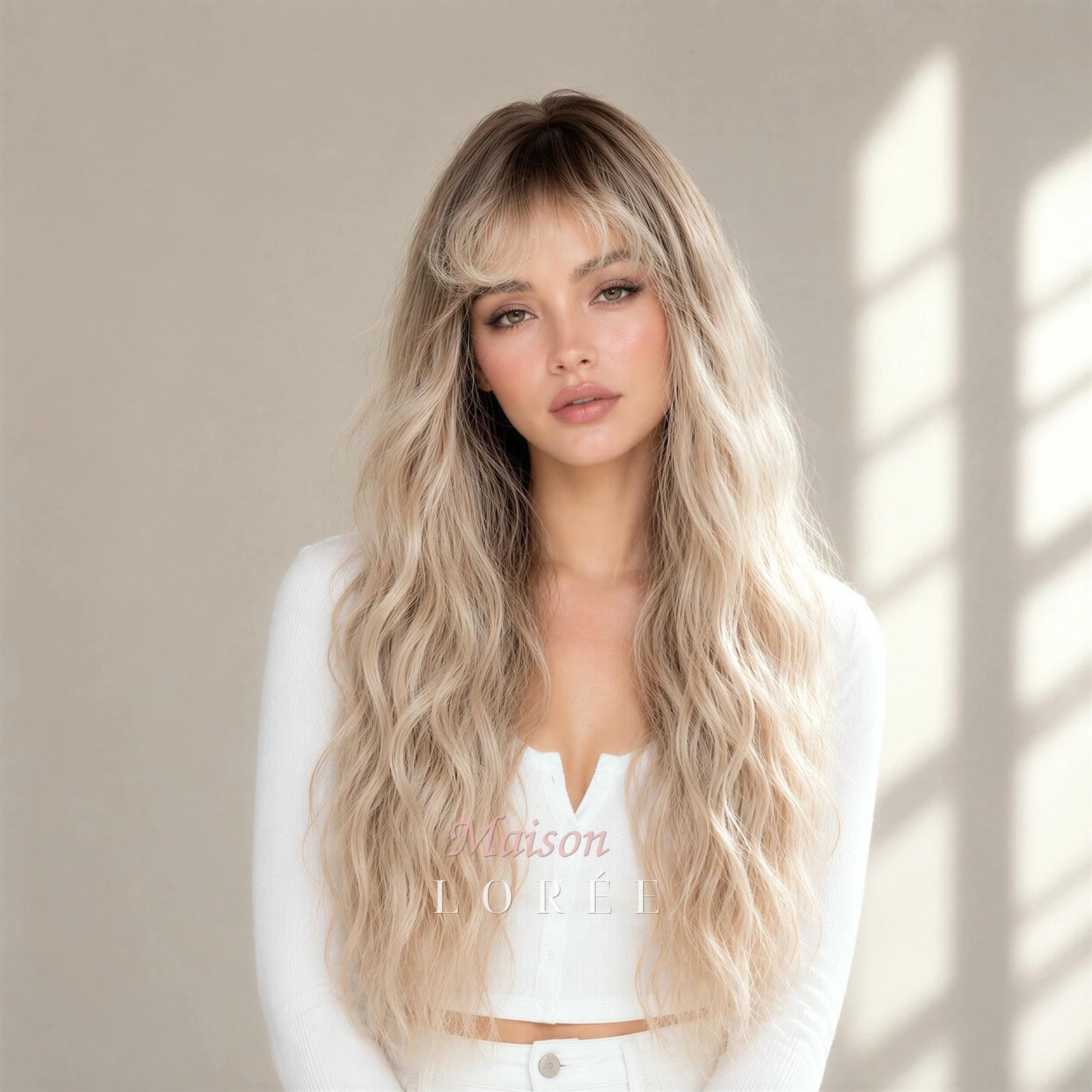 Ondulée 22 pouces blond cendré ombré avec frange