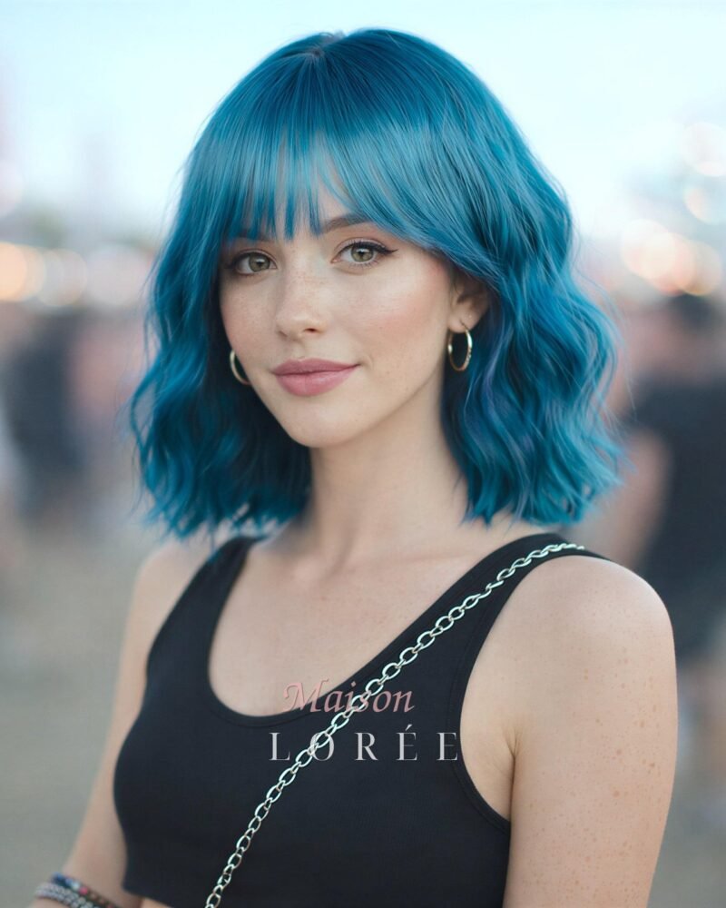 Perruque carrée courte ondulée bleu ciel avec frange, cheveux synthétiques longueur épaule de 35 cm