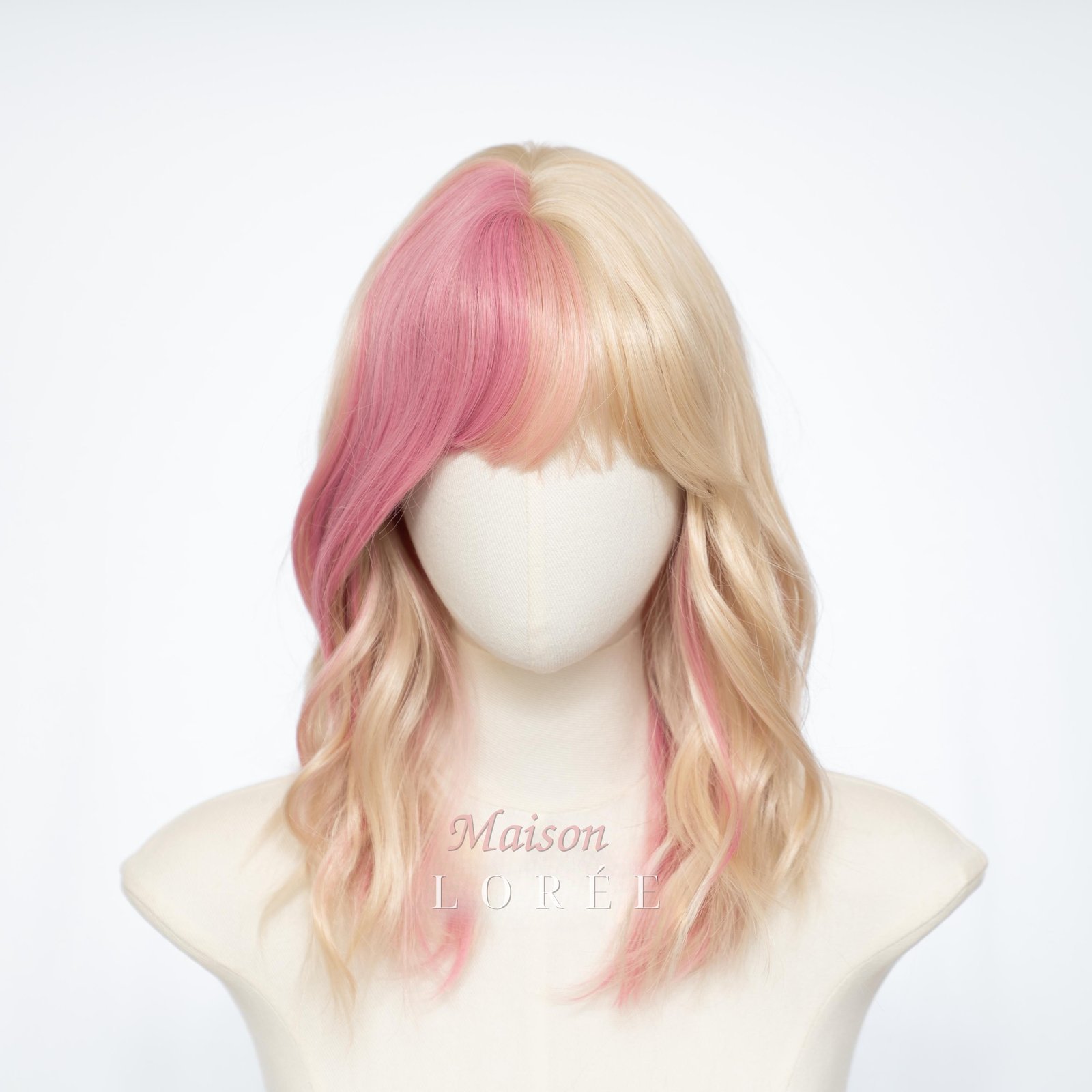 Perruque carrée ondulée blonde et rose de 14 pouces avec frange – Image 2