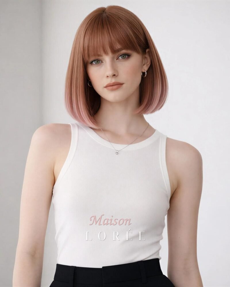 Perruque carrée châtain vieux rose de 25 cm (10 po.) avec embouts rose pastel
