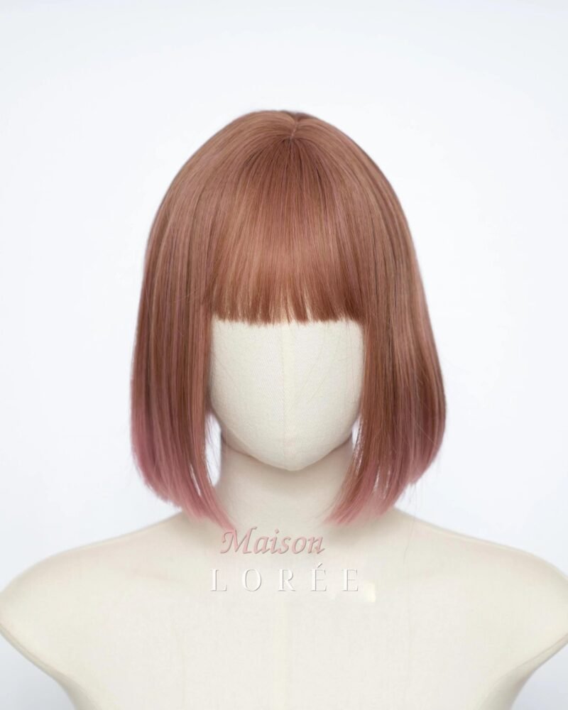 Perruque carrée châtain vieux rose de 25 cm (10 po.) avec embouts rose pastel