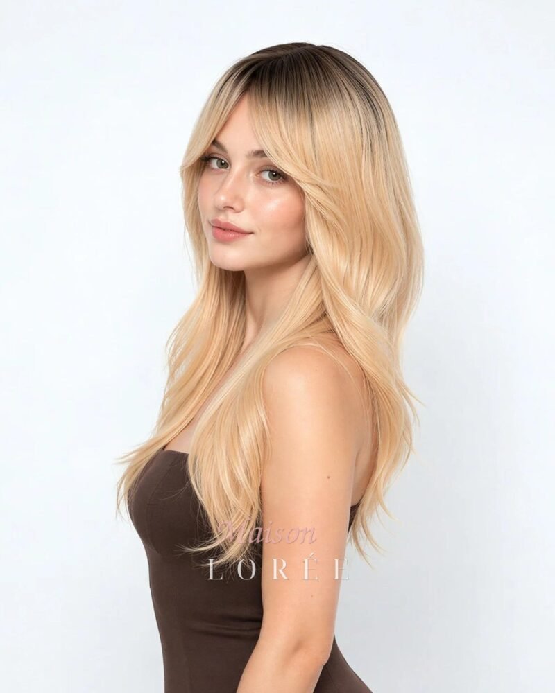 Perruque blonde à balayage de 22 pouces avec frange