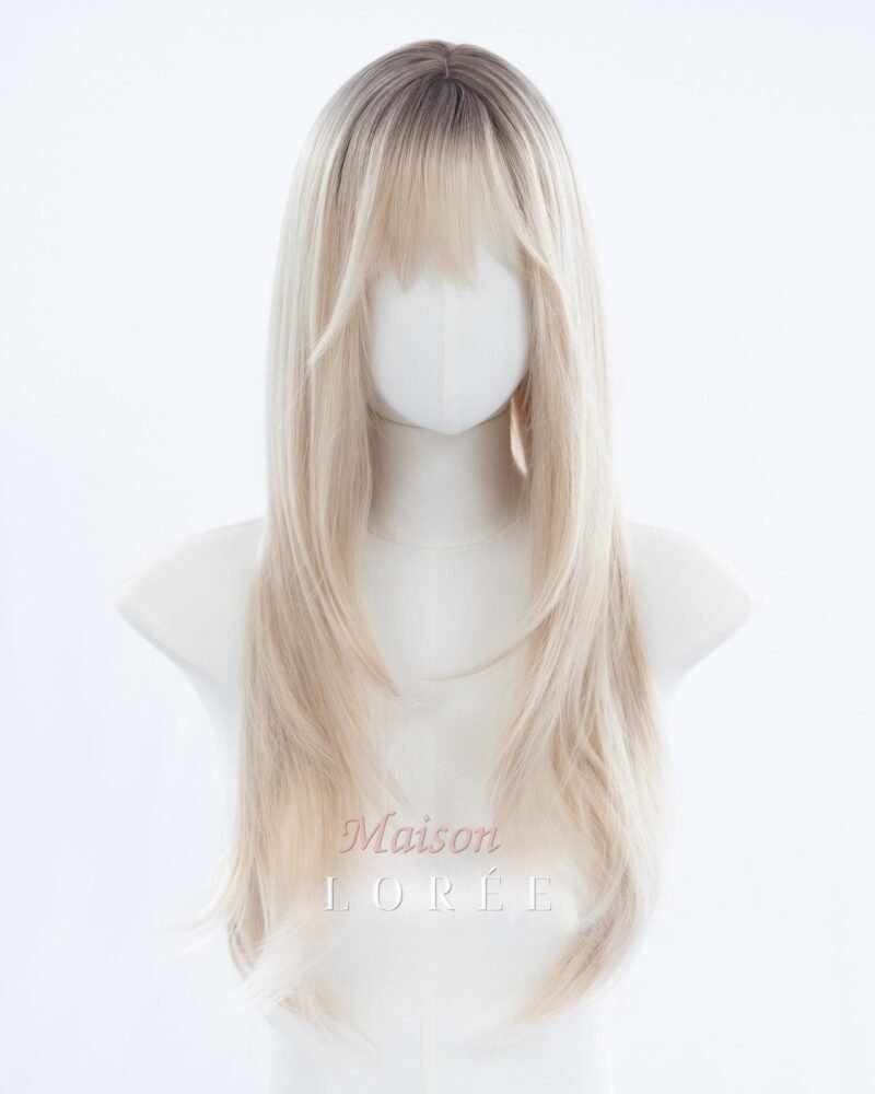 Perruque blonde cendrée 61 cm avec racines foncées