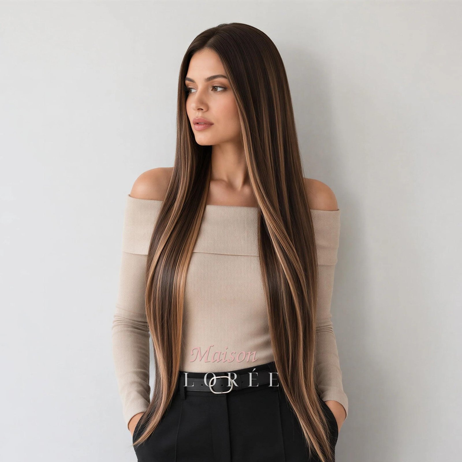 Perruque lace frontale brune à balayage 13 x 4 26 pouces — lisse, 65 cm, teinte châtain — portée, vue de face