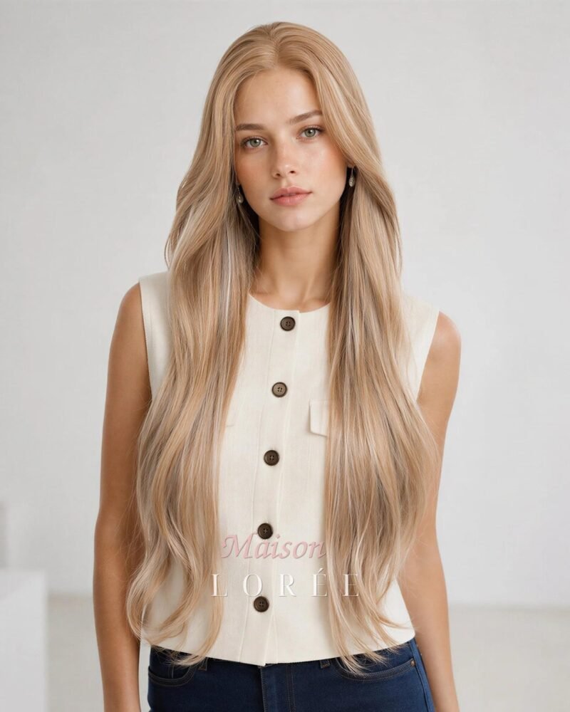 Perruque blonde latte à balayage de 26 pouces – Cheveux synthétiques longs et droits lacérés sur le devant 13 x 4