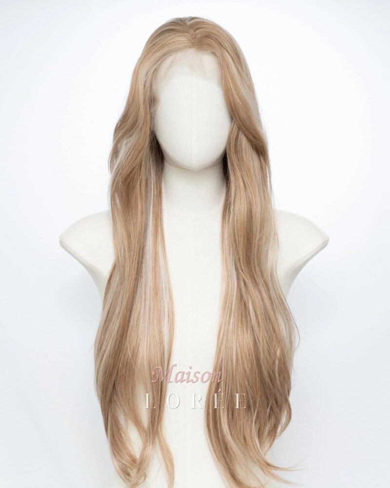 Perruque blonde latte à balayage de 26 pouces – Cheveux synthétiques longs et droits lacérés sur le devant 13 x 4