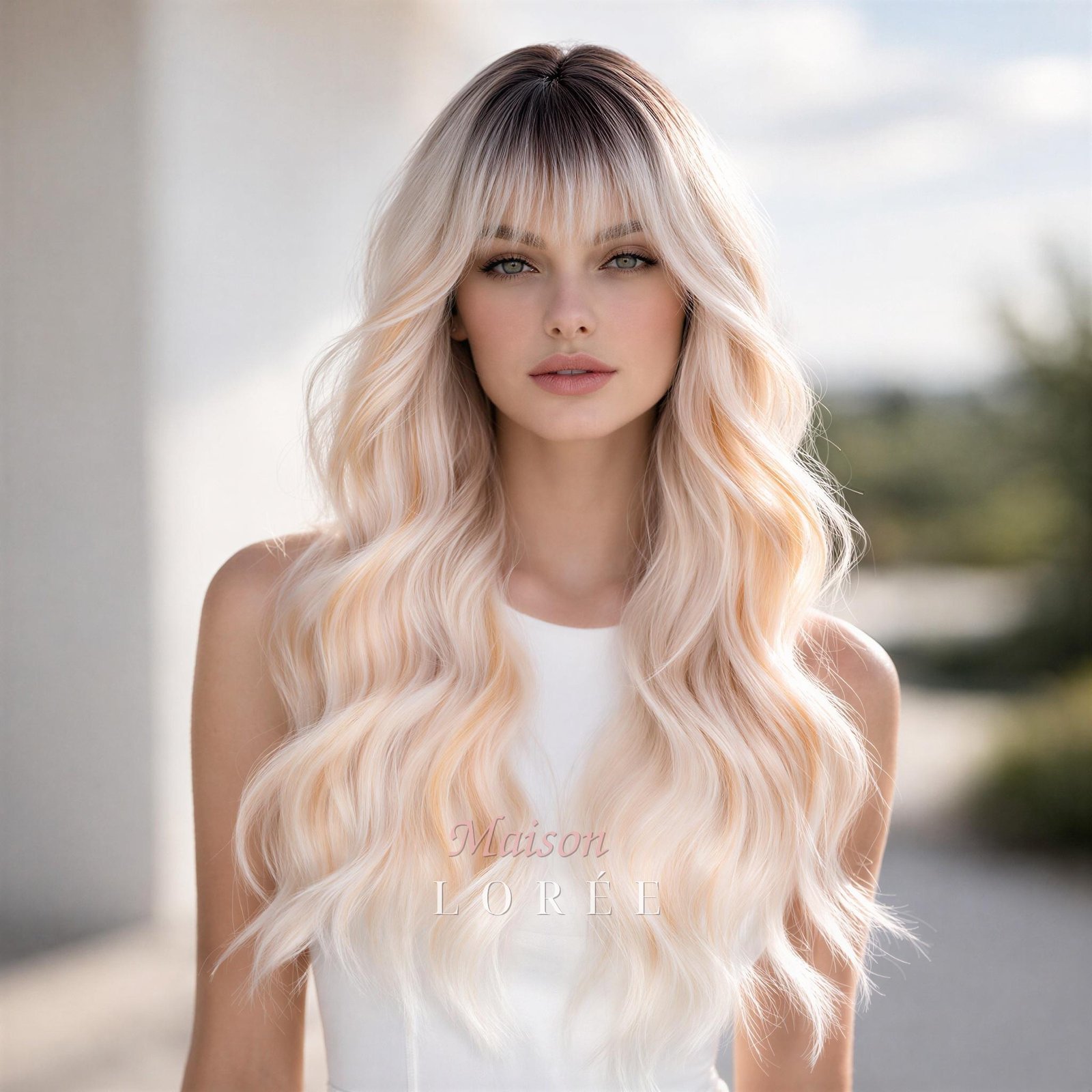 Ondulée ombrée de 26 pouces avec frange — Blond 65 cm — ondulée, 65 cm, teinte blond — portée, vue de face