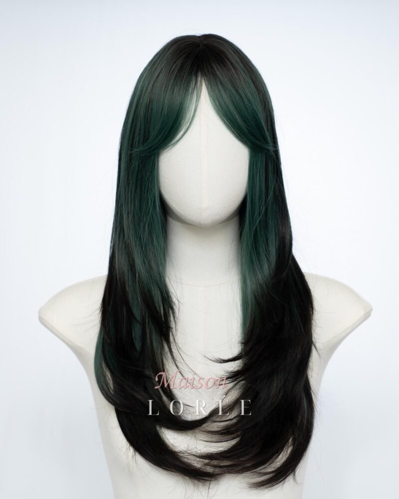 Droite verte et noire — Cheveux synthétiques longs coupés en couches de 61 cm (24 po) pour la mode et le cosplay