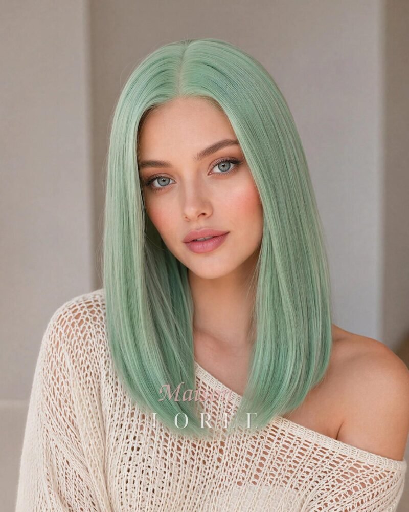 Perruque droite 13 x 4 lacets vert menthe 16 pouces