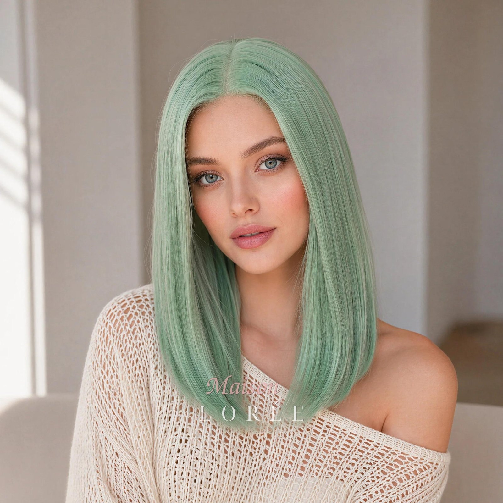 Perruque droite 13 x 4 lacets vert menthe 16 pouces — lisse, 40 cm, teinte vert — portée, vue de face
