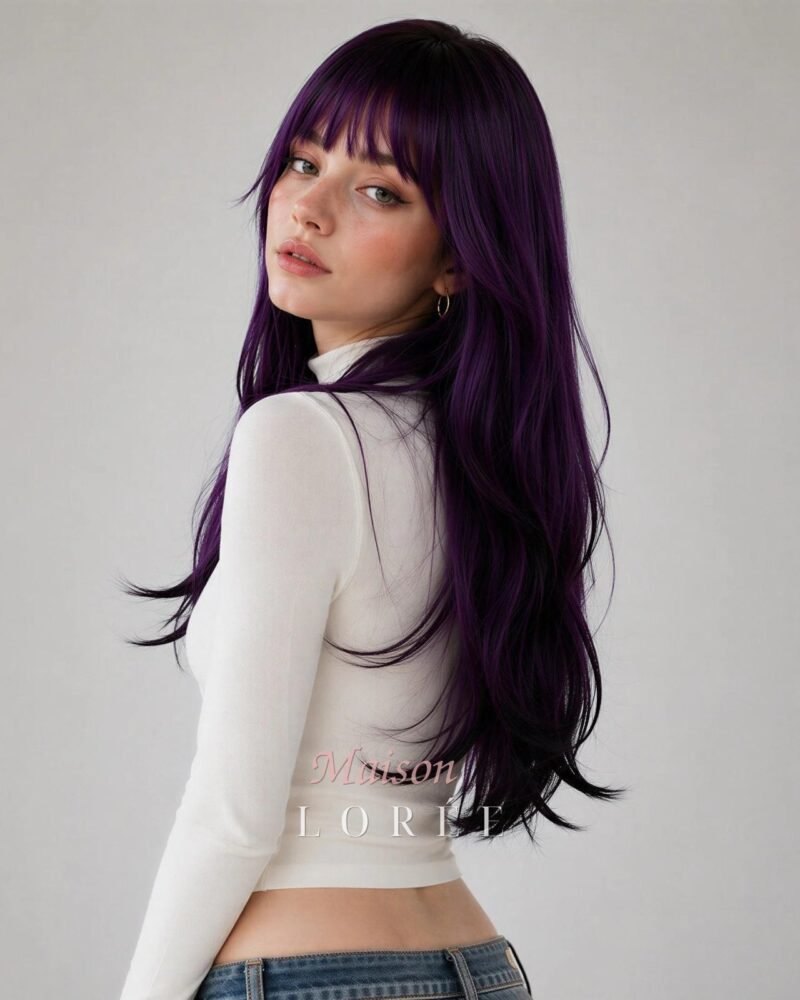 Perruque bicolore violette et noire avec frange
