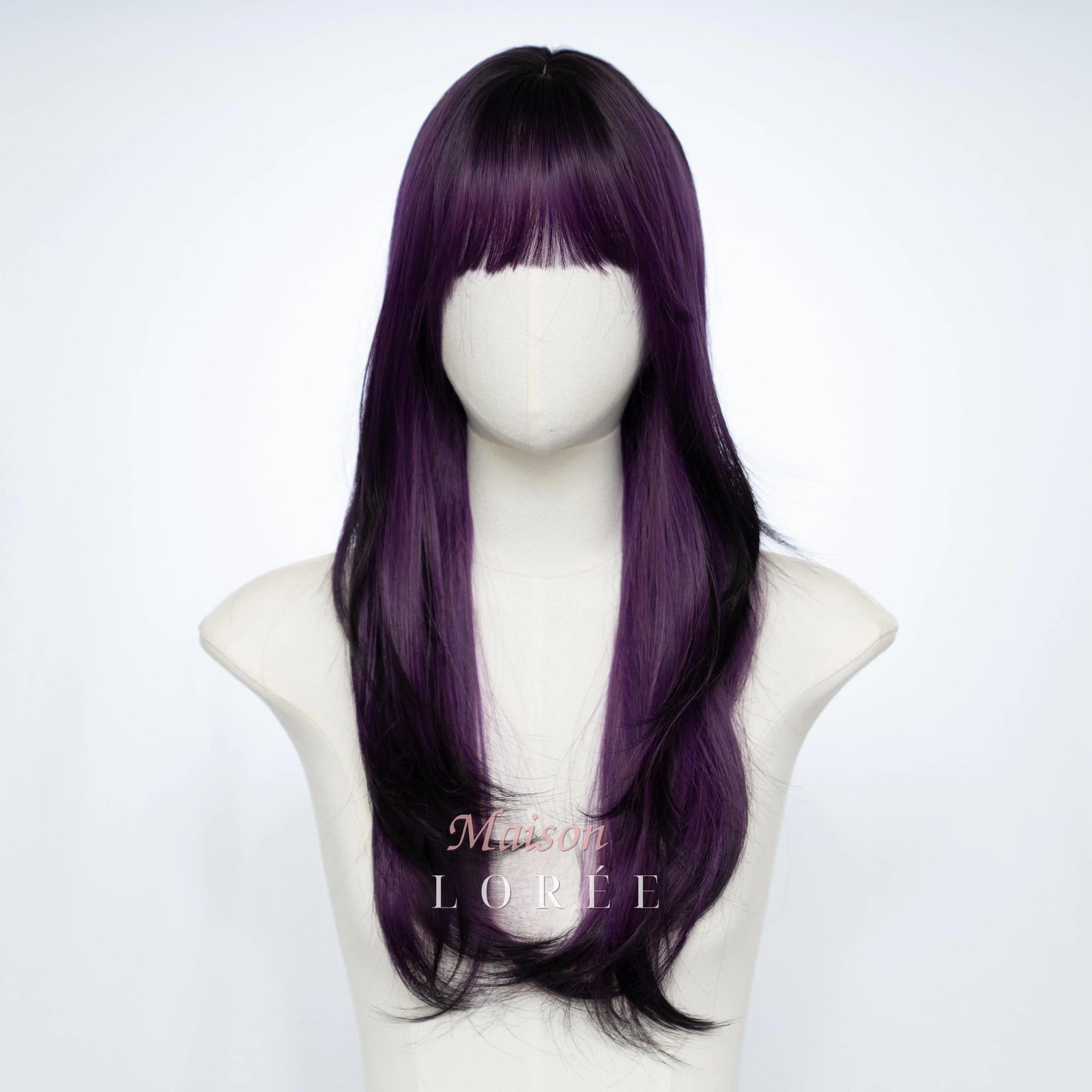 Perruque bicolore violette et noire avec frange – Image 2