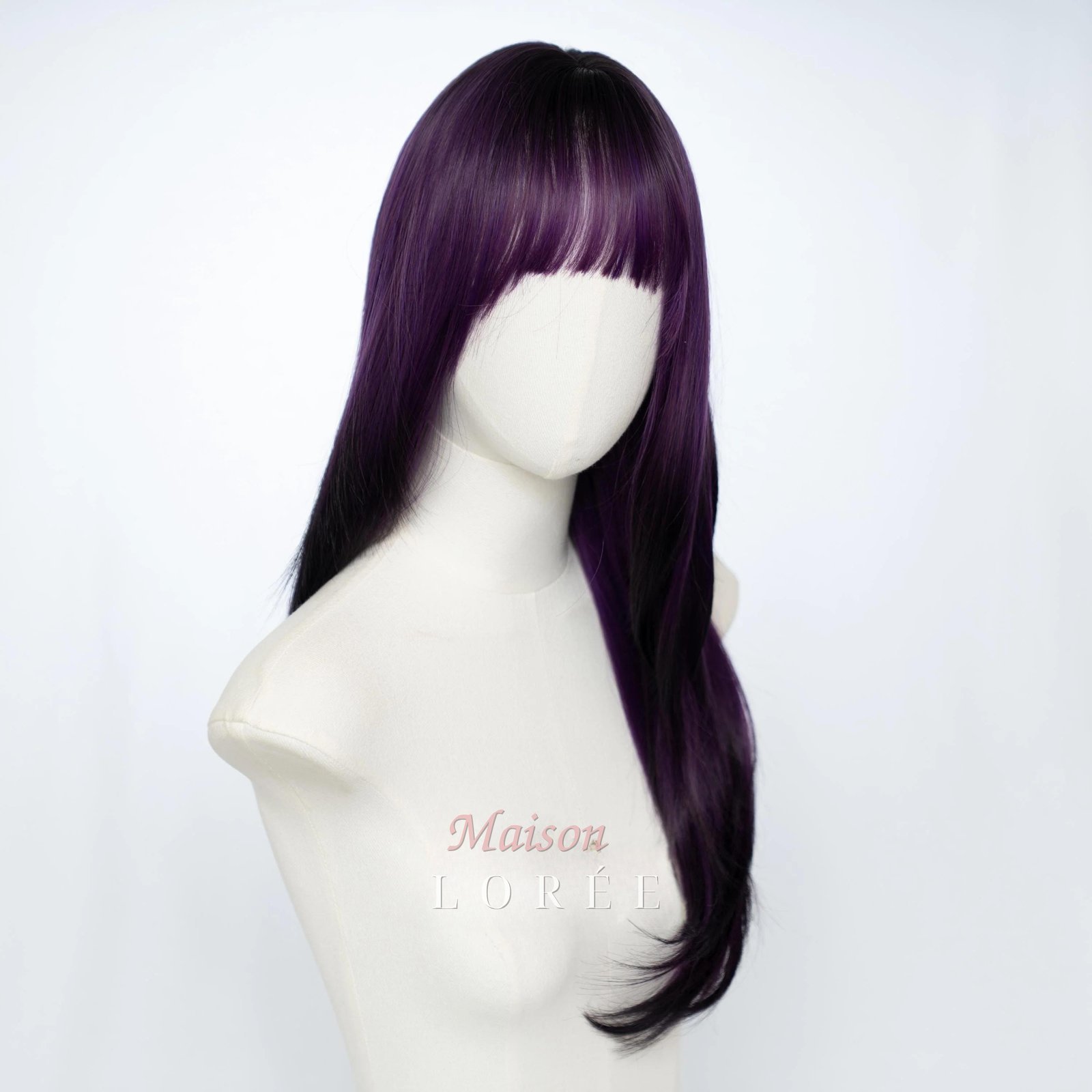 Perruque bicolore violette et noire avec frange – Image 3