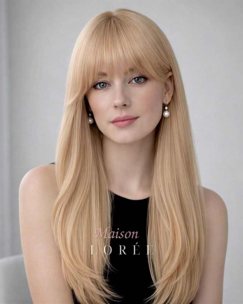 Perruque lisse blond clair de 56 cm avec frange