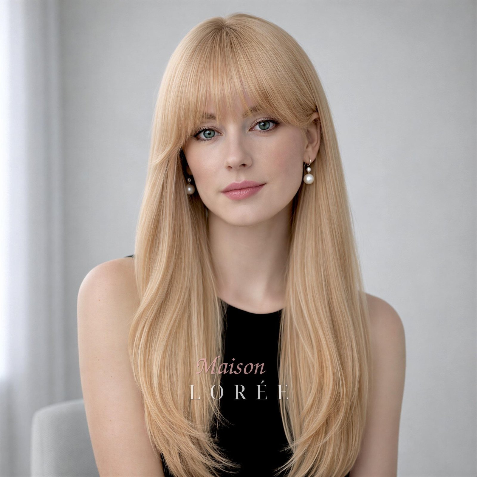 Perruque lisse blond clair de 56 cm avec frange