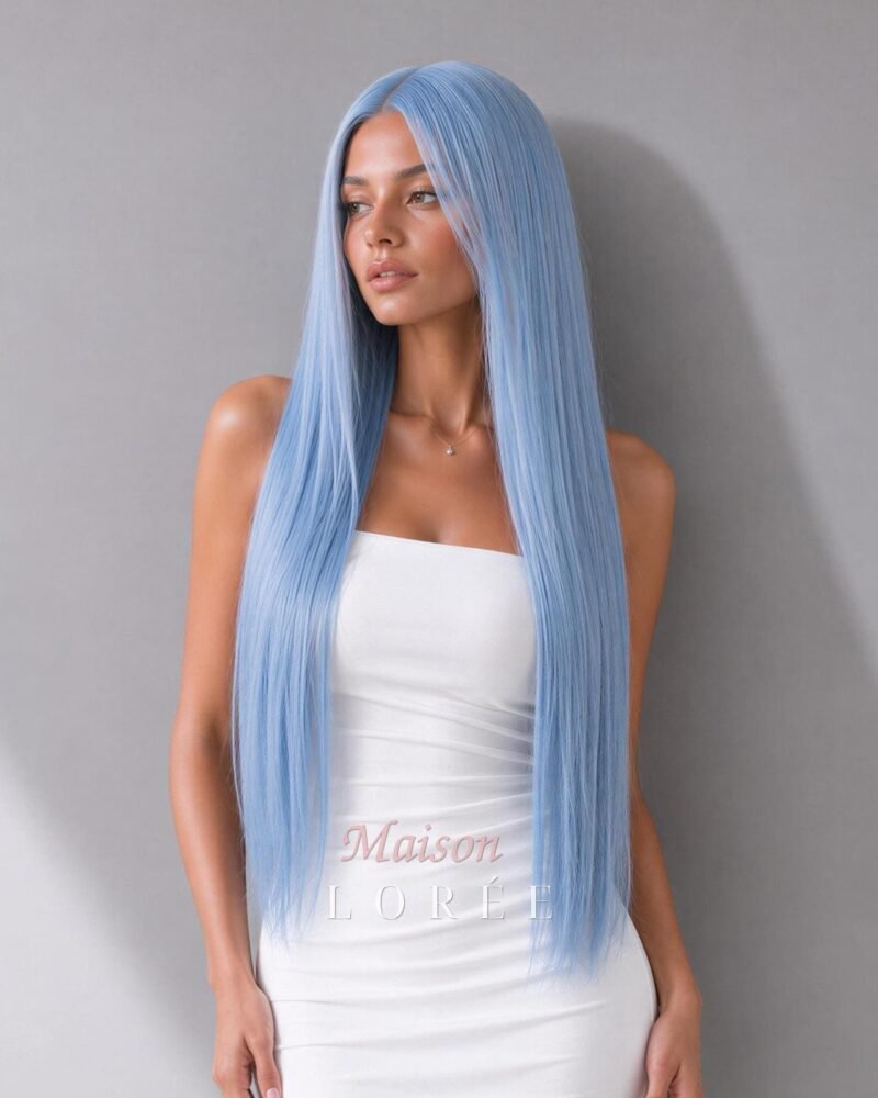 Perruque lace frontale 13 x 4 bleu pastel de 26 pouces