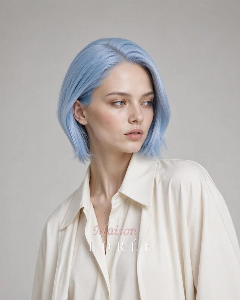 Perruque courte Bob bleu ciel – Lace Frontale 13 x 4 Cheveux Synthétiques Bleu Clair Dégradés