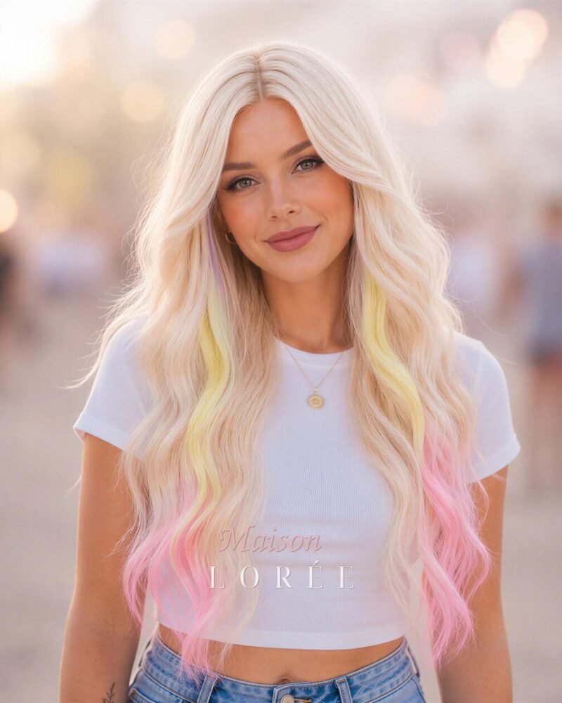 Perruque blonde ondulée 61 cm avec coucou pastel et embouts roses