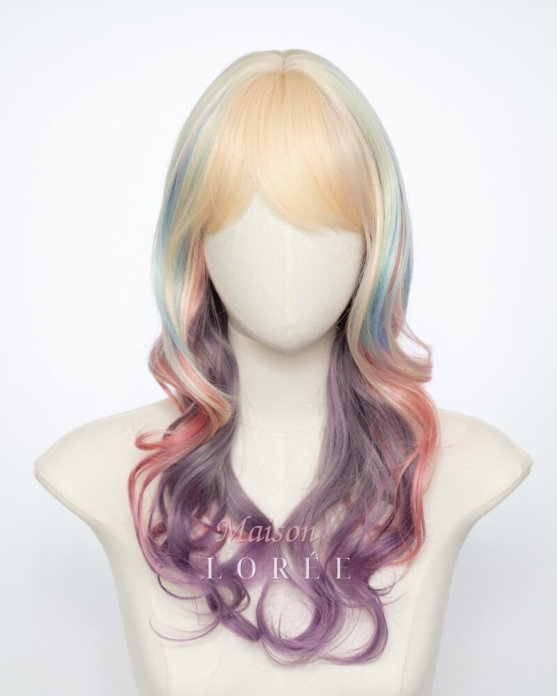 Perruque arc-en-ciel pastel de 22 pouces avec frange