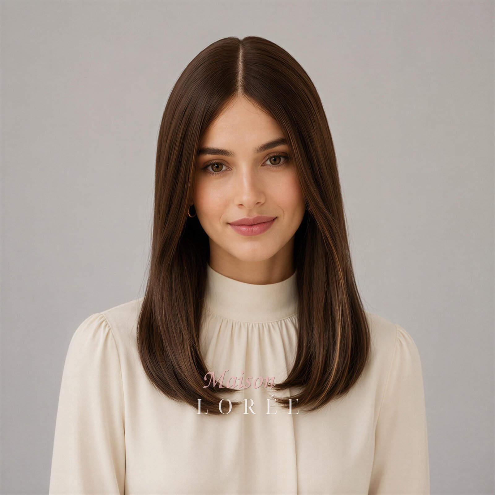 Perruque 40 cm cheveux humains style sheitel, châtain chaud reflets 4/6/12, dentelle suisse sur le devant, haut en soie longue