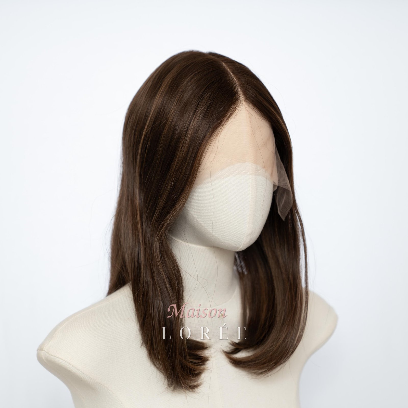 Perruque 40 cm cheveux humains style sheitel, châtain chaud reflets 4/6/12, dentelle suisse sur le devant, haut en soie longue – Image 2