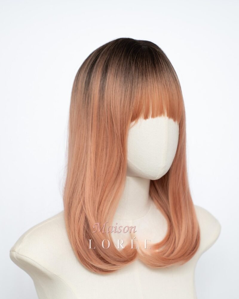 Perruque droite ombrée couleur pêche racine de 40 cm (18 po.) avec frange