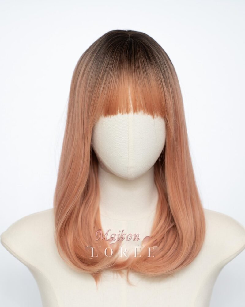 Perruque droite ombrée couleur pêche racine de 40 cm (18 po.) avec frange