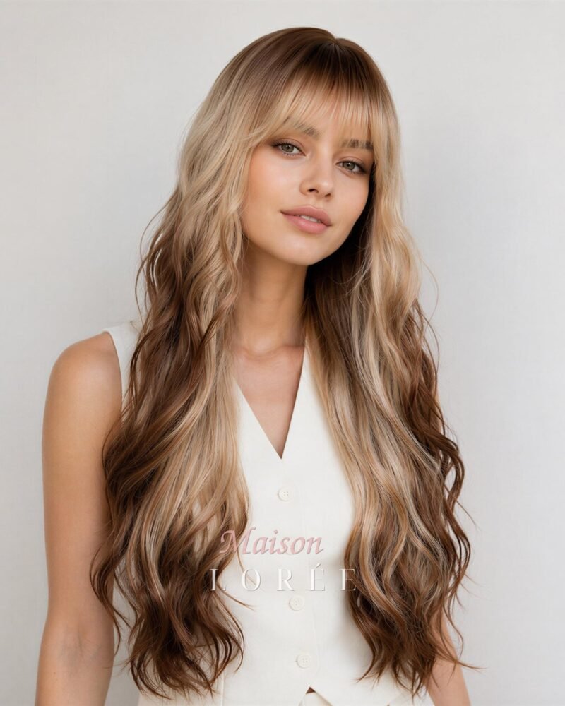 Ondulée 24 pouces blond miel marron avec frange