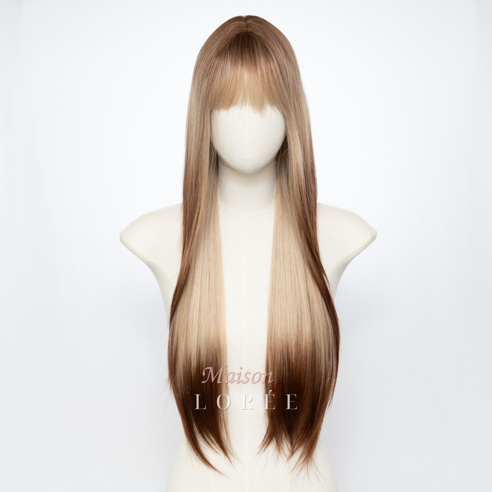 Perruque droite ombrée blond miel châtain 24 pouces avec frange – Image 2