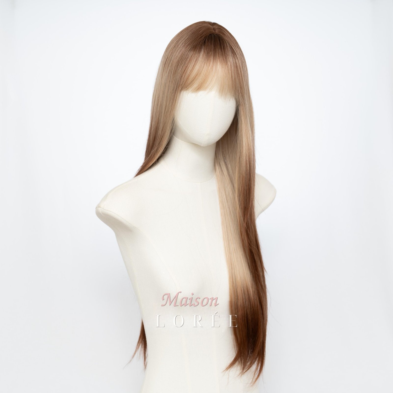 Perruque droite ombrée blond miel châtain 24 pouces avec frange – Image 3