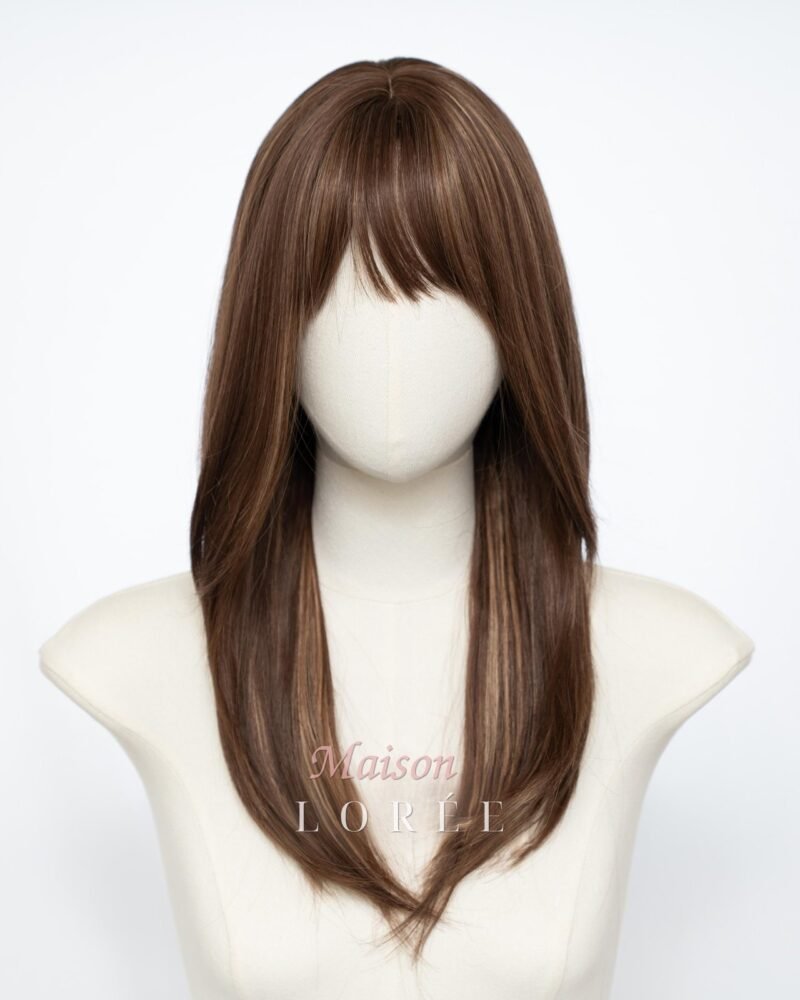 Perruque rehaussée de 40 cm brun chocolat avec frange