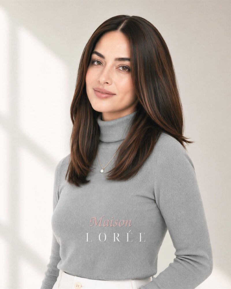Perruque cheveux humains 40 cm style sheitel, reflets bruns moyens 2/6/10, dentelle suisse sur le devant, haut en soie
